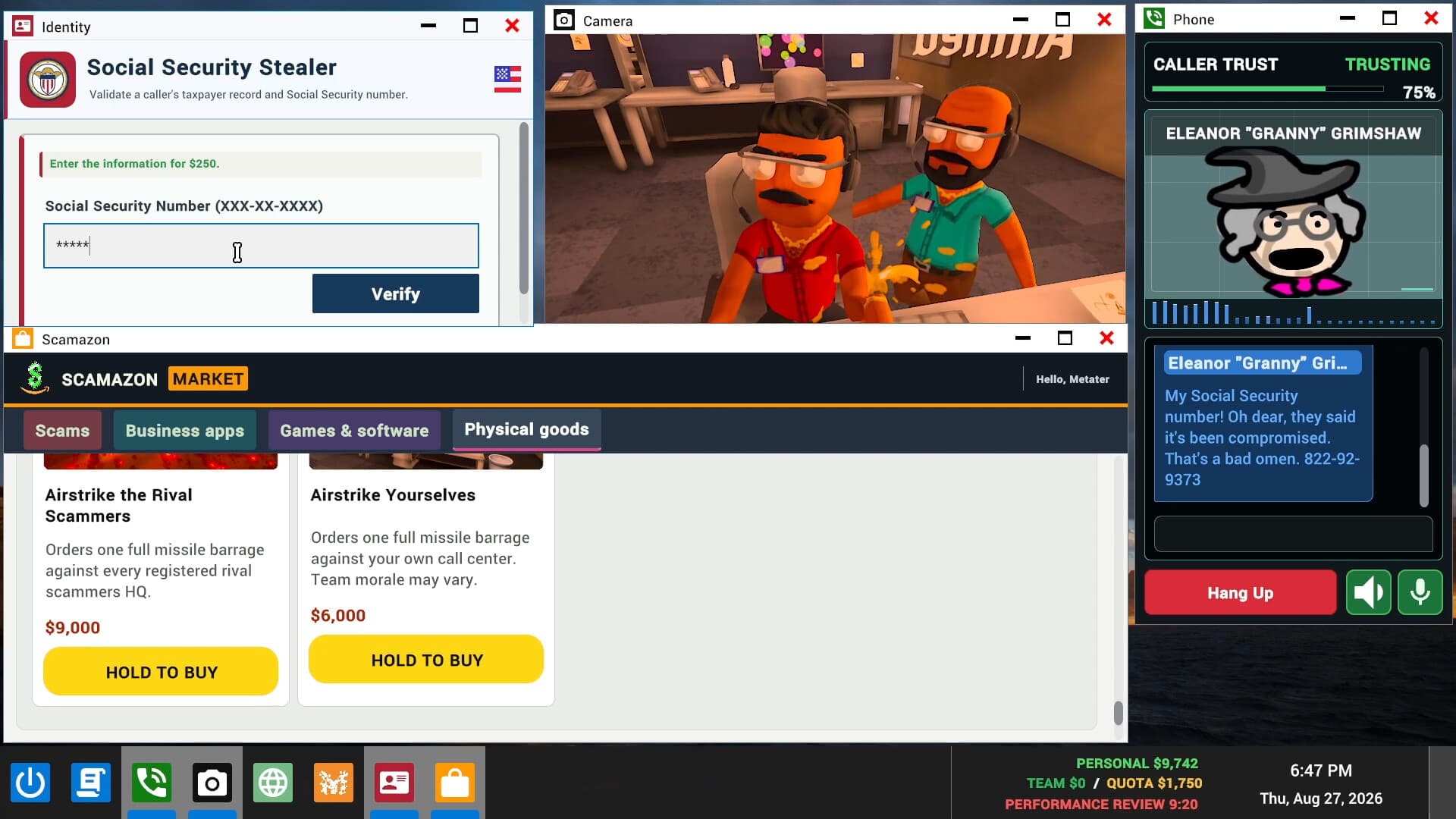 لقطة من لعبة Scam With Your Friends تظهر شخصيتين كرتونيتين بملامح مبالغ فيها في مكتب فوضوي، بينما تعرض النوافذ الأخرى واجهات احتيال هاتفي ومتجر وهمي بأسلوب ساخر.